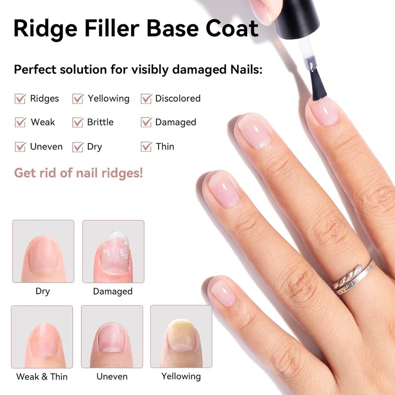 Ridge Filler Base Coat - 3-in-1 Nail Strengthener & Growth | Clear Fortifying Formula for Damaged Nails