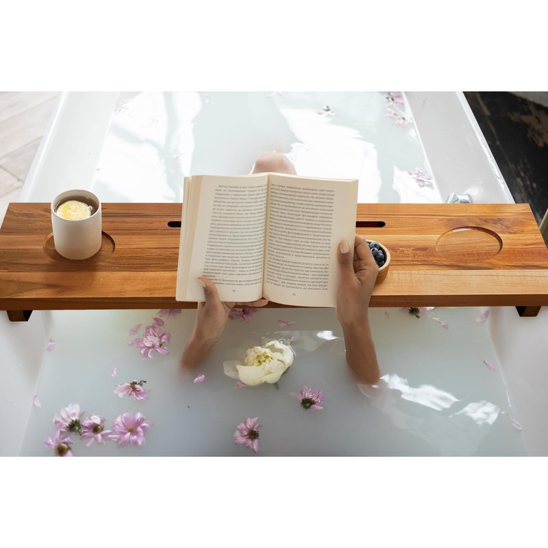 ILOT Bathtub Tray for Standard Tubs – 29" Adjustable Teak Wood Bath Caddy | Anti-Tip, Non-Toxic, Waterproof, Sustainable Bath Tray Organizer for Relaxing Spa & Home Use