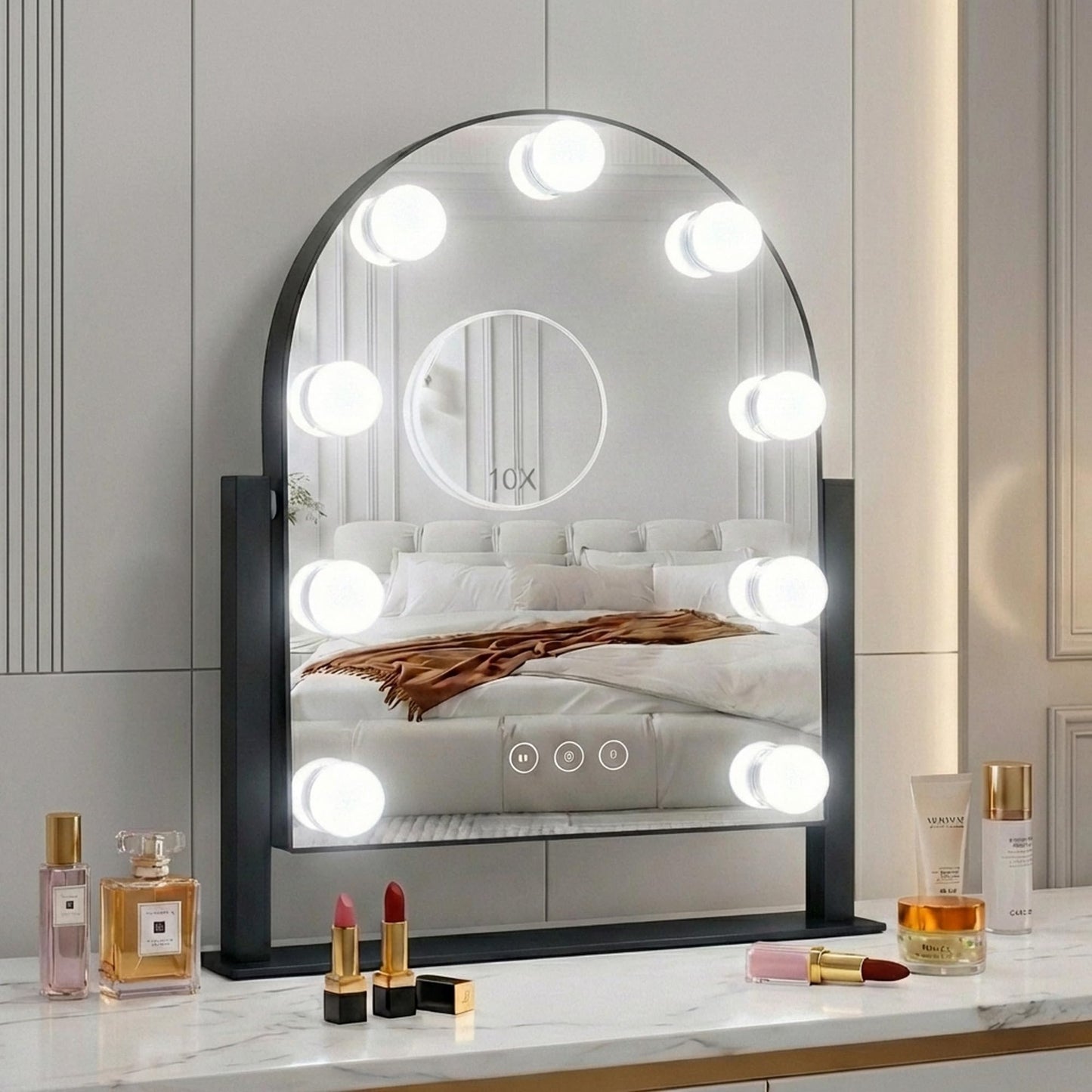 SLIMOON Arched Makeup Vanity Mirror with LED Lights Makeup Mirror Detachable 10X Magnification, Hollywood Make Up Mirror with Lighting, Smart Touch, Rechargeable,360° Rotation,Black 14.17"x 11.81"