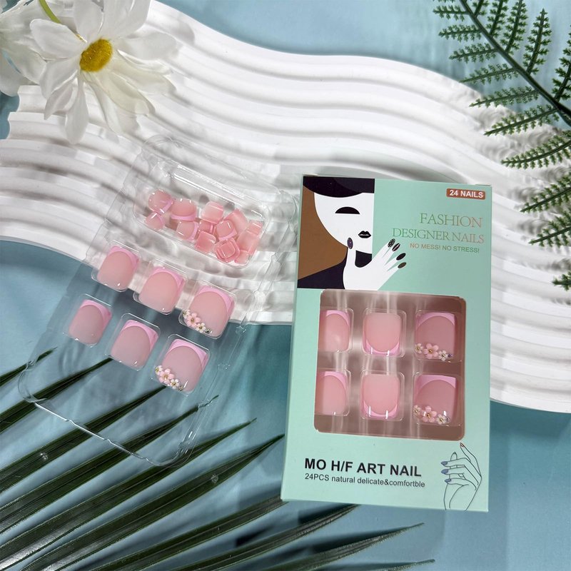 Pink French Tip Press on Toenails Short Square Fake Toe Nails with Flower Charms Nude Glossy Toe Nail Press ons Spring Summer Floral Toe Nail Tips Acrylic Stick on Toenails for Women 24Pcs