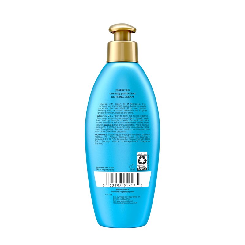 OGX Argan Oil of Morocco Curl-Defining Styling Cream, Anti-Frizz Curl Cream for Curly Hair & All Textures, Cold-Pressed Argan Oil, Paraben-Free, Sulfate-Free Surfactants, Curly Hair Products, 6 oz