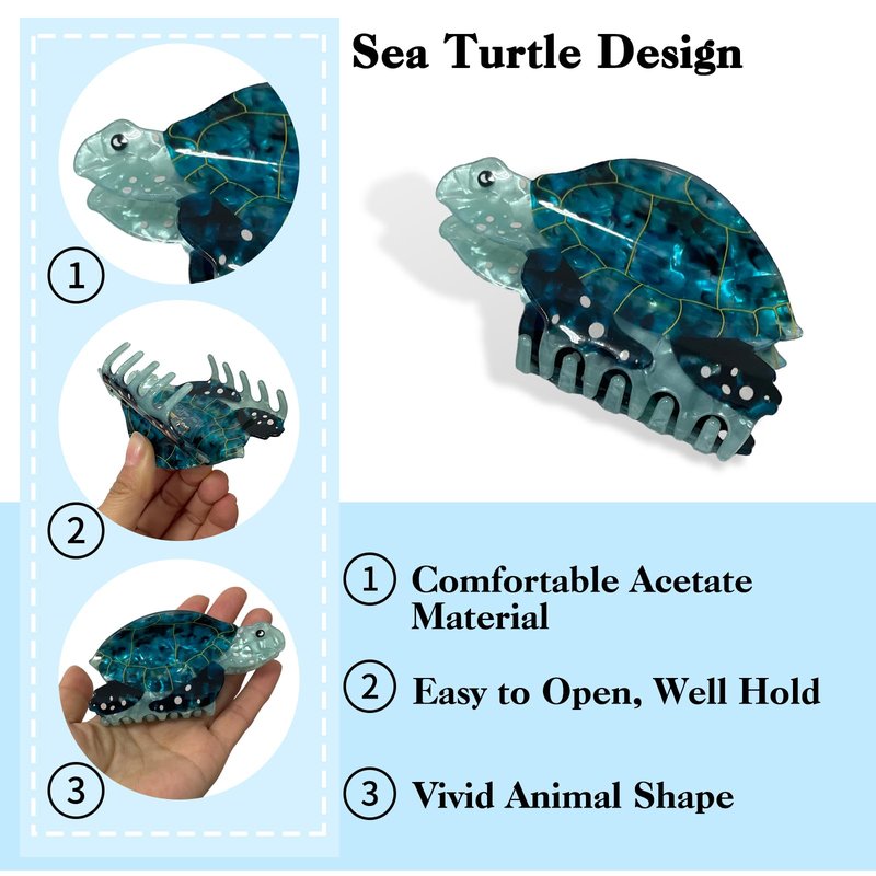 ELLOPH 1PC Green Sea Turtle Hair Clips for Women, Summer Ocean Animal Funny Novelty Hair Claw Clip Half Ponytail Accessories for Birthday Valentines Easter Mother's Day