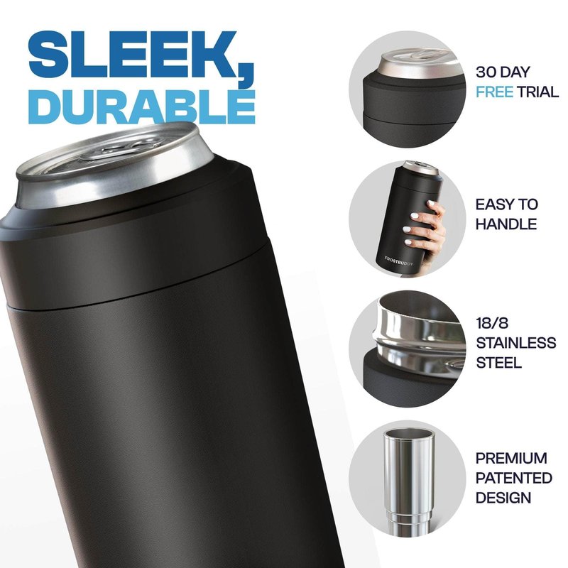 Frost Buddy Universal Can Cooler - Fits All - For Regular 12 & 16 oz or Slim-Size Bottles - Insulated Double-Walled Stainless Steel (MatteBlack)