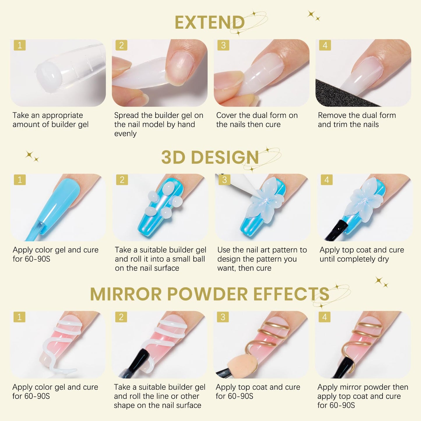 SUPWEE 3D Gel Nail Art, 60g Large Capacity White Sculpting Hard Solid Builder Gel Non-Sticky Hand Molding Nails for Extension Carving Home DIY Manicure with Chrome Powder DIY at home
