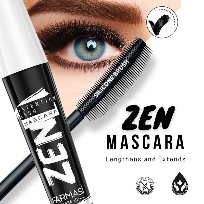 FARMASi Zen Lash Mascara - Lengthening & Volumizing, Clump-Free, Smudge-Proof, Blackest Black, 0.27 fl oz