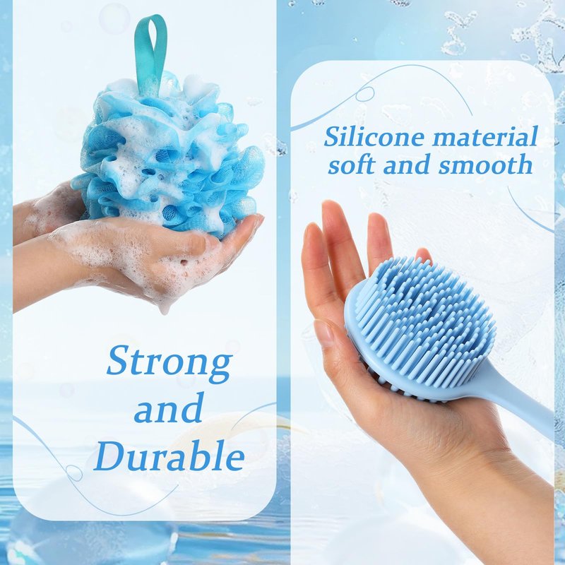 Qinyoung 4 Pcs Loofah Sponge with Soft Silicone Back Scrubber for Shower 15'' Long Handle Body Brush Exfoliating Bath Sponge for Women Men, Body Scrub, Shower Pouf Bath Accessories Soap, Blue