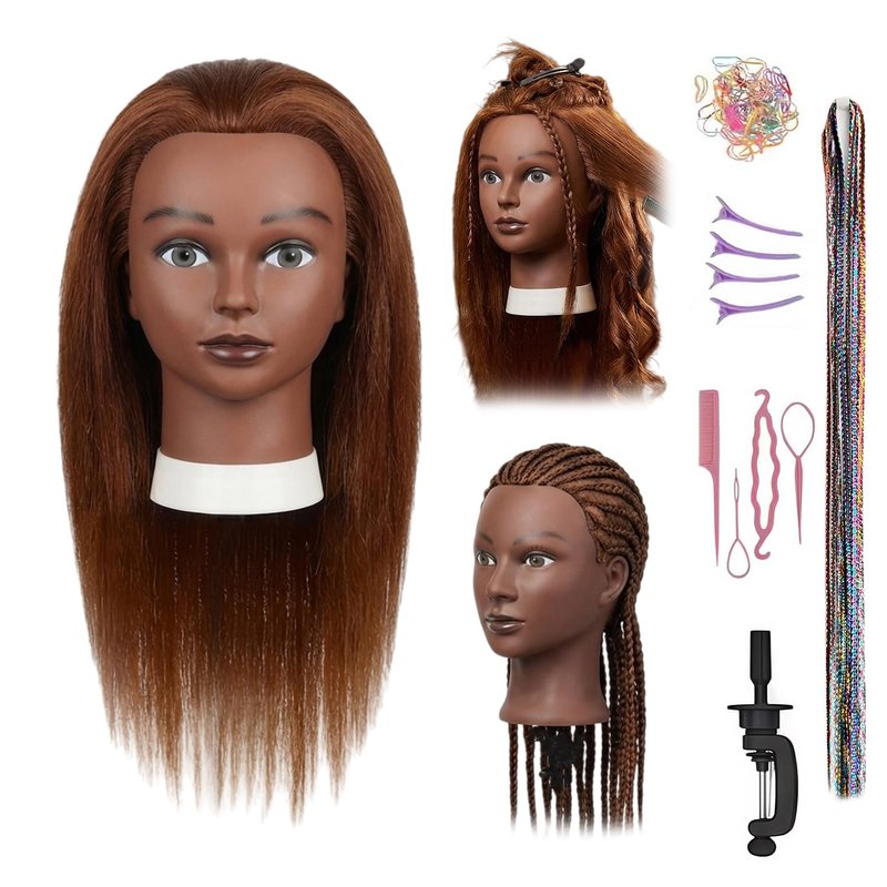 16 Inch 100% human hair mannequin head practice head for braiding manikin head with Clamp stand doll head for hair styling practice kit for kids and Cosmetology (Brown 16-inch)