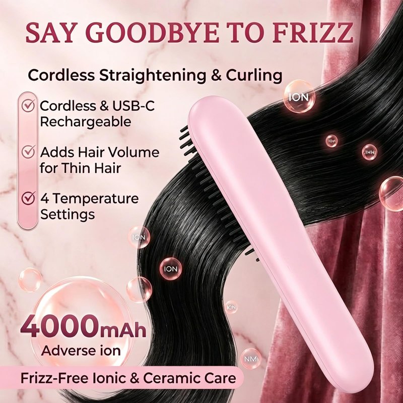 Flown Go Brush Pro for Short Hair, 2026 Upgraded Cordless Hair Straightening Brush for Thin Hair, 4 Temperature Settings, Ionic & Ceramic Care, 4000mah USB-C Rechargeable (Pink)