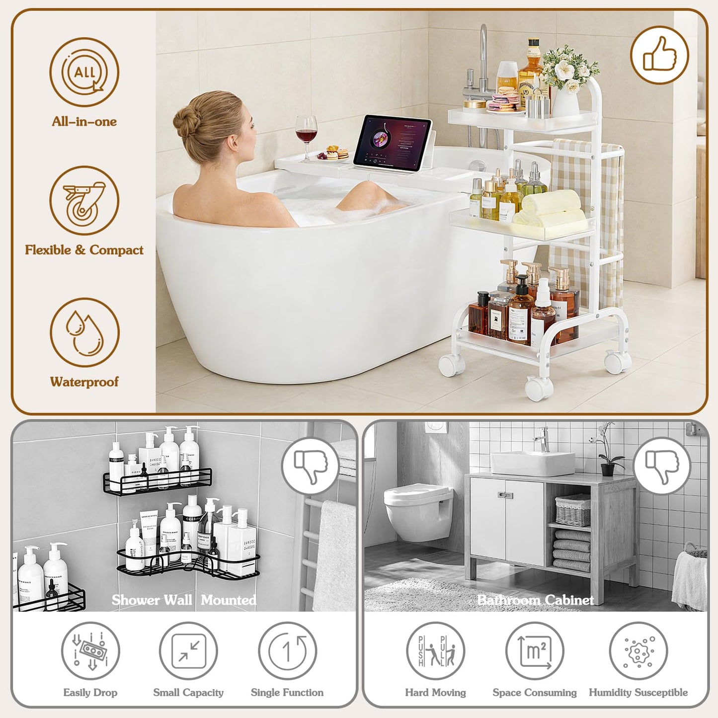 Bathroom Cart with Bathtub Tray Holder, Bathroom Organizers and Storage, Small Slim Shelf Organizer with Bath Tub Caddy Rack, 3 Tier Narrow Skinny Acrylic Rolling Cart for Laundry Room Living Room