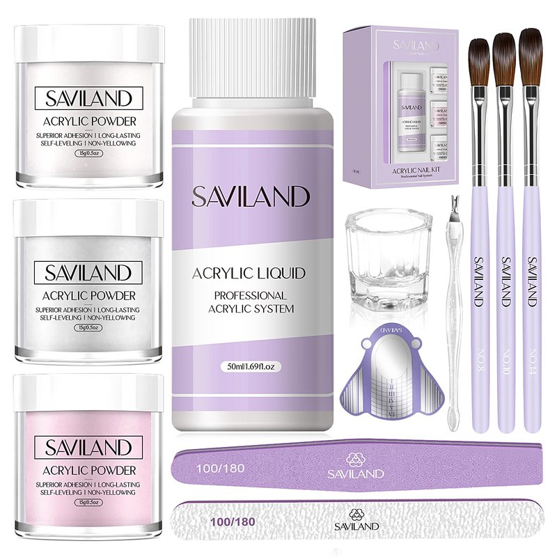 SAVILAND Acrylic Nail Kit Starter Set: Acrylic Nail Kit for Beginners with Everything White Pink Clear Acrylics Powder and Liquid Set #8/10/14 Nail Brush Forms Manicure Tools Home Nail Salon DIY