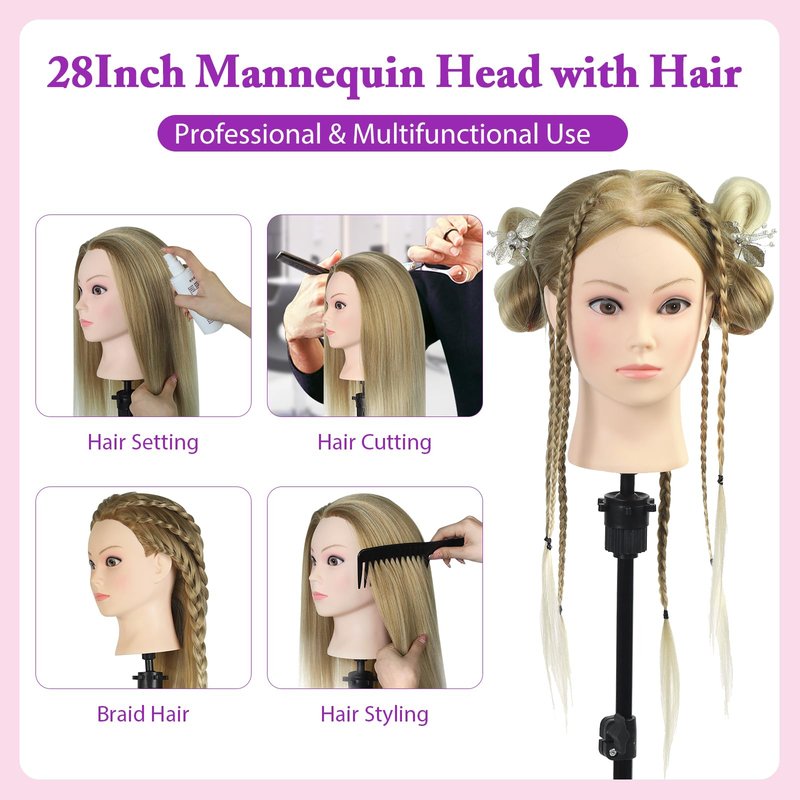 Mannequin Head with Hair with Tripod Stand - 28" Cosmetology Mannequin Head with Stand, Doll Head for Hair Styling Braiding Practice Manikin Head with Tripod Set, Ombre Golden