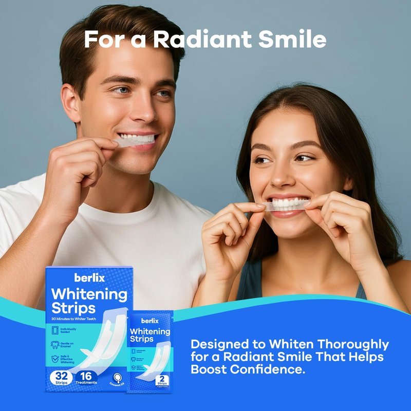 Berlix Teeth Whitening Strips (16 Treatments, 32 Count), Enamel Safe for Teeth Whitener, Whitening Strips with Coconut Oil, Formulated to Be Gentle & Non Slip and Quick-Dry, Stains Removal