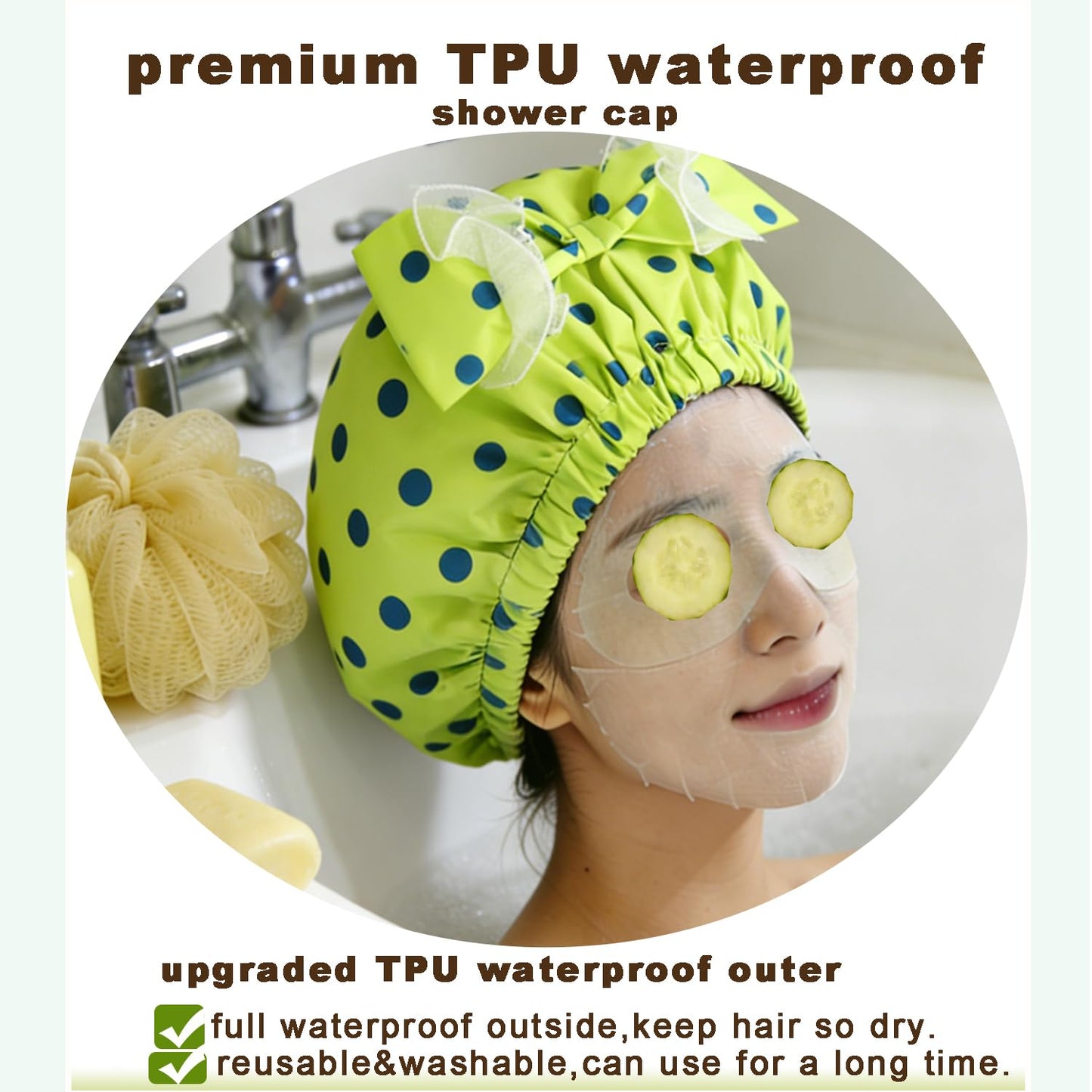 Genergy 2pcs Shower Cap for Women,Including Travel bag and Scrunchy. Frizz-Free Silky Liner, Waterproof Reusable Large Bath Bonnet for Short and Long Thick Hair, Soft Adjustable Elastic, Non-slip.
