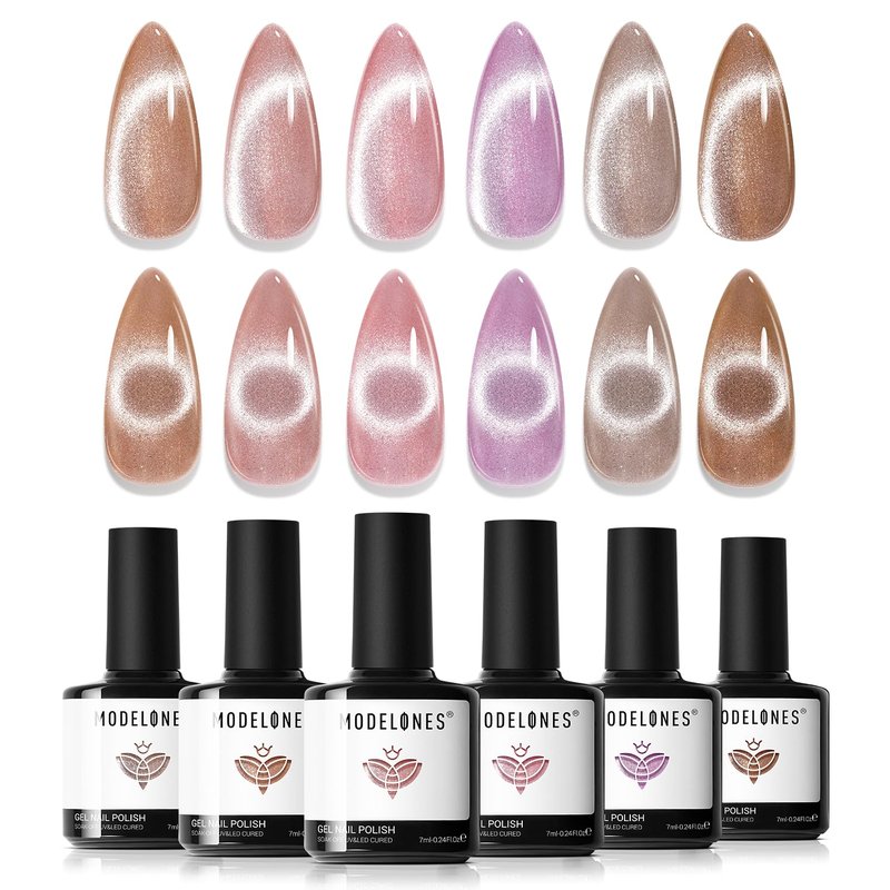 Cat Eye Gel Nail Polish - 6 Colors Including Nude, Pink & Brown | Holographic 9D Glitter Soak Off for DIY Nail Art