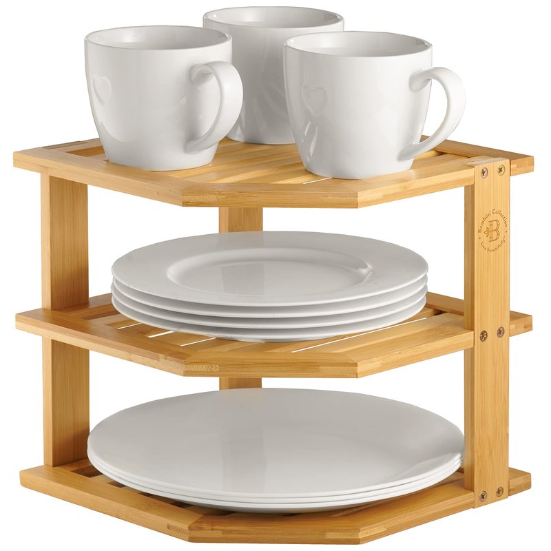 Bambüsi Plate Organizer for Cabinet - 3 Tier Bamboo Corner Shelf Cabinet Organizer for Plates Bowls Mugs Cups, Kitchen Organization, Space Saving Countertop Shelf, Small Spaces, 10 x 10 x 9.5 Inch