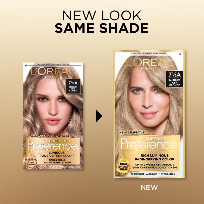 L'Oreal Paris Superior Preference Luminous Fade-Defying Permanent Hair Color, Hair Dye For Up to 9 Weeks of Radiance, Medium Ash Blonde 7.5A, 1 Hair Dye Kit