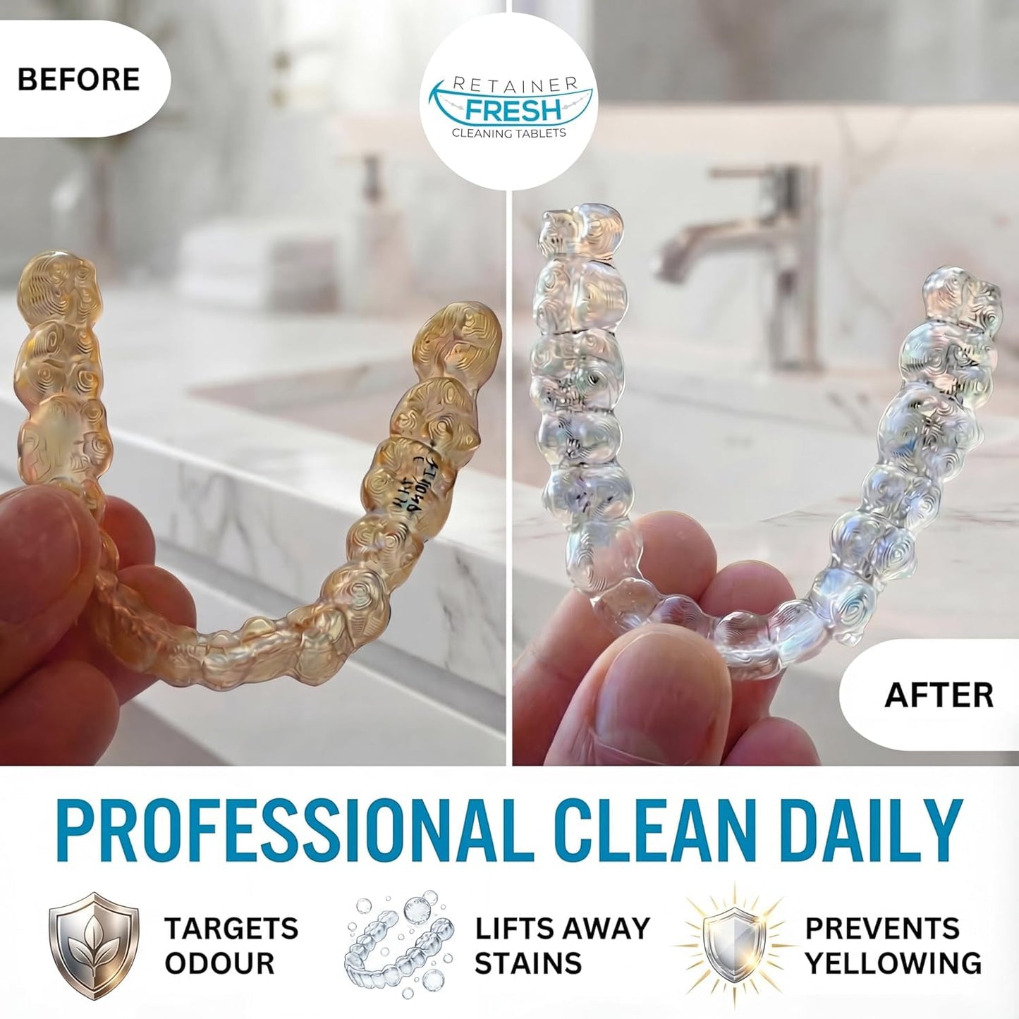 Retainer Fresh Retainer Cleaner Tablets - Denture Cleaner, Retainer Cleaning Tablets, Mouth Guard Cleaner, Aligner Cleaner, Brite Retainer Tablets 36 Tablets 1 Month