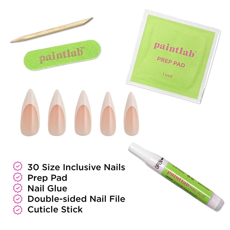 PaintLab Press On Nails - French Tip Stiletto Fake Nails, 30 Nails in 15 Sizes with Glue, Reusable Salon Quality Press On Nails