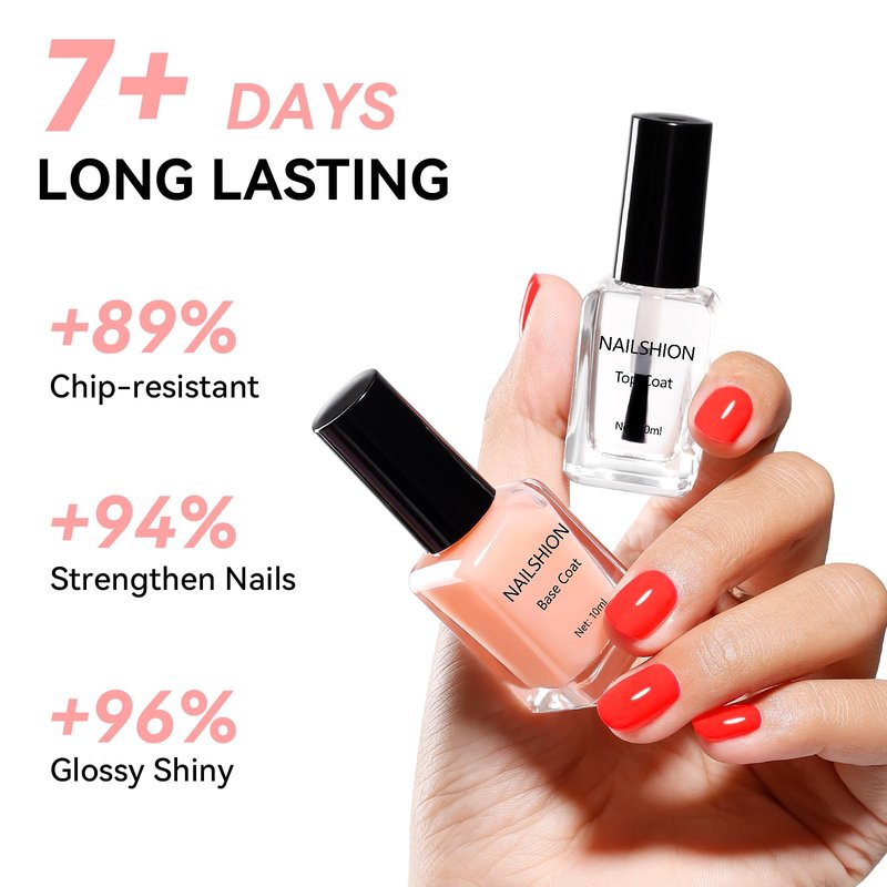 Nailshion Sheer Nude Base Coat and Clear Top Coat Nail Polish Anti Chip Ridge Filler Strengthening, Non Gel, Rich in Castor Oil & Calcium, Salon Quality, Vegan, Quick Dry High Glossy DIY Nail Art Gift