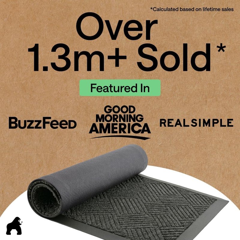 Gorilla Grip Waterproof All-Season Doormat - Natural Rubber, Stain & Fade Resistant | 29x17 Gray Diamond