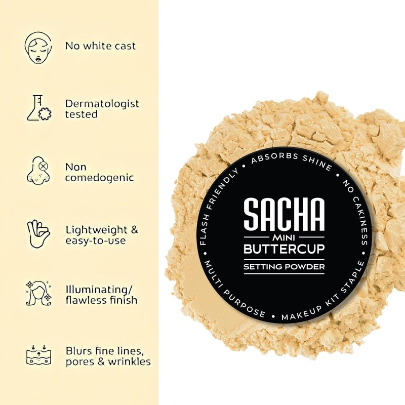 Sacha BUTTERCUP Mini Setting Powder - Translucent Face Powder for Medium to Dark Skin | No Ashy Flashback, 0.35 oz