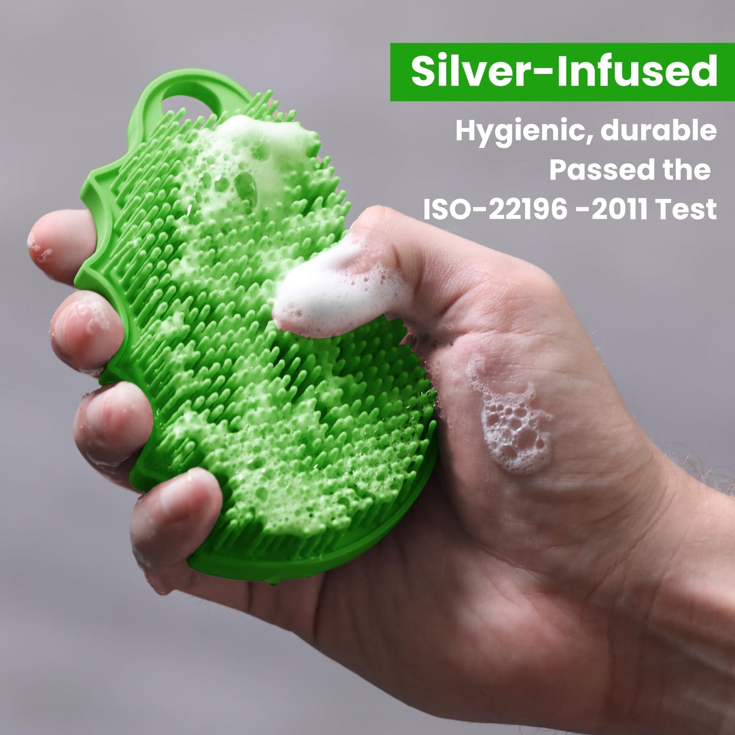 iTokGok Silicone Body Scrubber Silver-Infused Dual-Sided 3-in-1 for Shower, Body Cleaning+Massage+Exfoliator Body Brush Buffer for Men and Women, Silicone Loofah, Non-Slip Handle (Green)