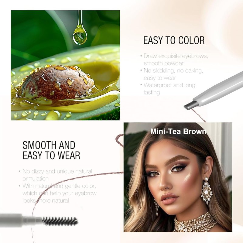 Eyebrow Pencil - Retractable Definer with Dual Brush & Ultra-Fine Tip for Precise Makeup | Waterproof Gel Formula in Tea Brown (Mini)