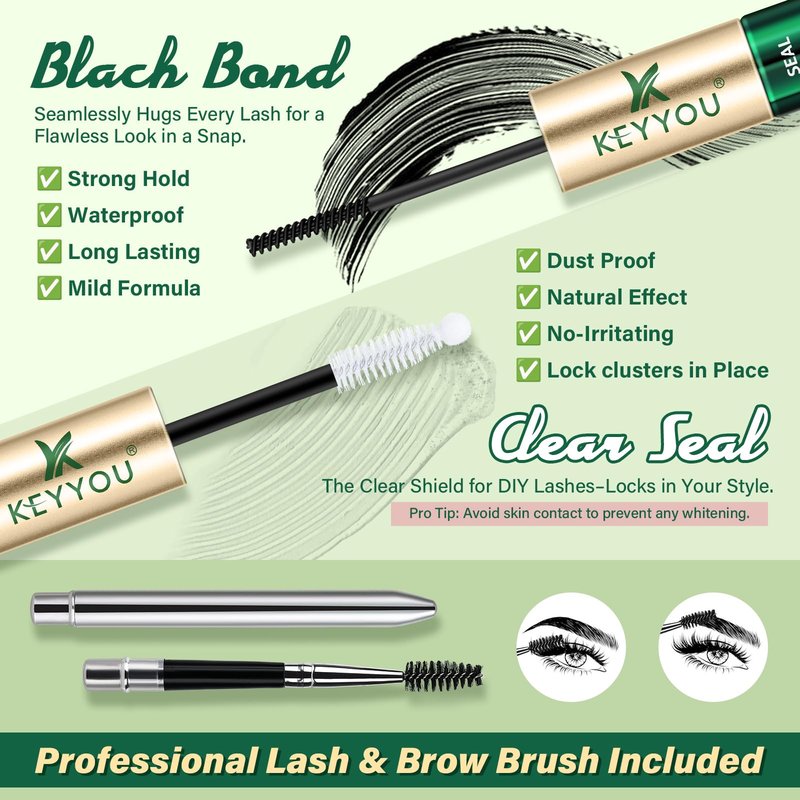 KEYYOU Lash Bond and Seal Waterproof Lash Cluster Glue 72H Long Lasting Strong Hold Non Irritating Eyelash Glue for DIY Individual Lashes at Home (Black-10ml)