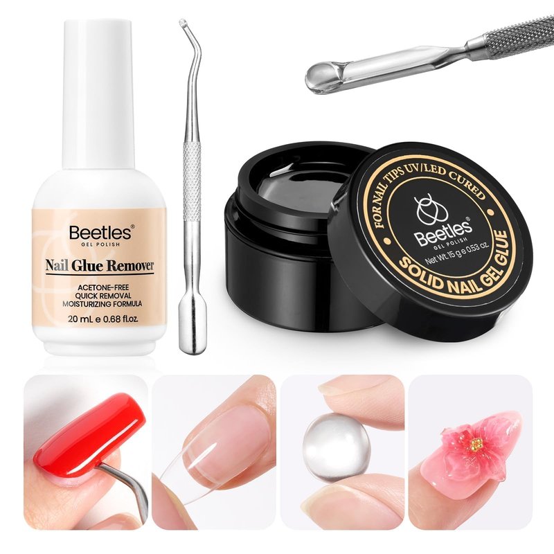 Beetles Solid Nail Glue Gel with 20ml Nail Glue Remover Set 15g for Press On Nails Acrylic Nails Tips U V Light Cured & Solid Glue Remover- Not for Uv Gel Glue