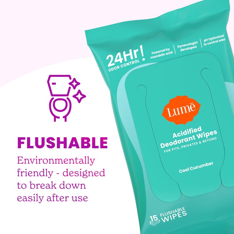 Lume Whole Body Deodorant - Smooth Solid Stick & Flushable Deodorant Wipes - Doctor Developed - Aluminum Free, Baking Soda Free, Skin Loving - 2.6 Ounce (Soft Powder) 15 Count Wipes (Cool Cucumber)