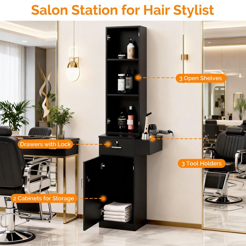 OmySalon Salon Hair Styling Station, Barber Salon Equipment with a 3-Tier Storage Shelf, 1 Drawer, a Large Storage Cabinet and 3 Hair Dryer Holders, Black