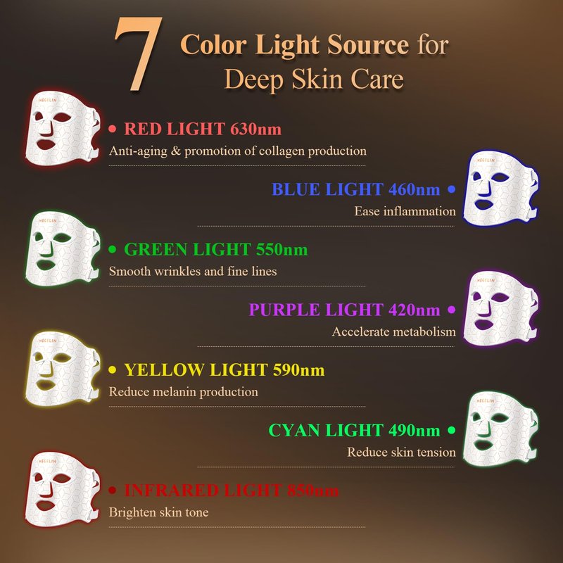 LED Light Therapy Facial Mask - 7 Color Skin Rejuvenation for Wrinkle Reduction | Infrared Treatment (White)