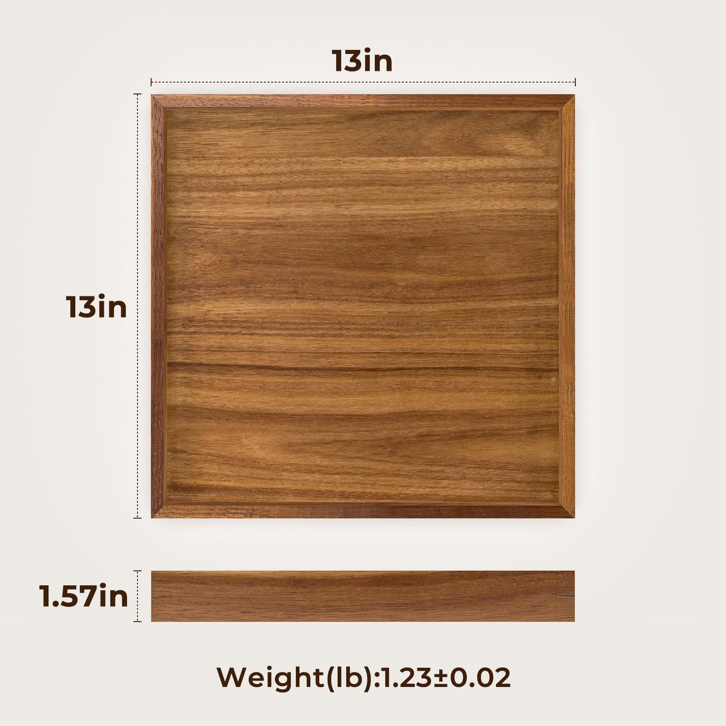 Acacia Wood Serving Tray,13"*13" Square Ottoman, Coffee Table Tray, Farmhouse Decorative Tray for Living Room, Kitchen, Bedroom