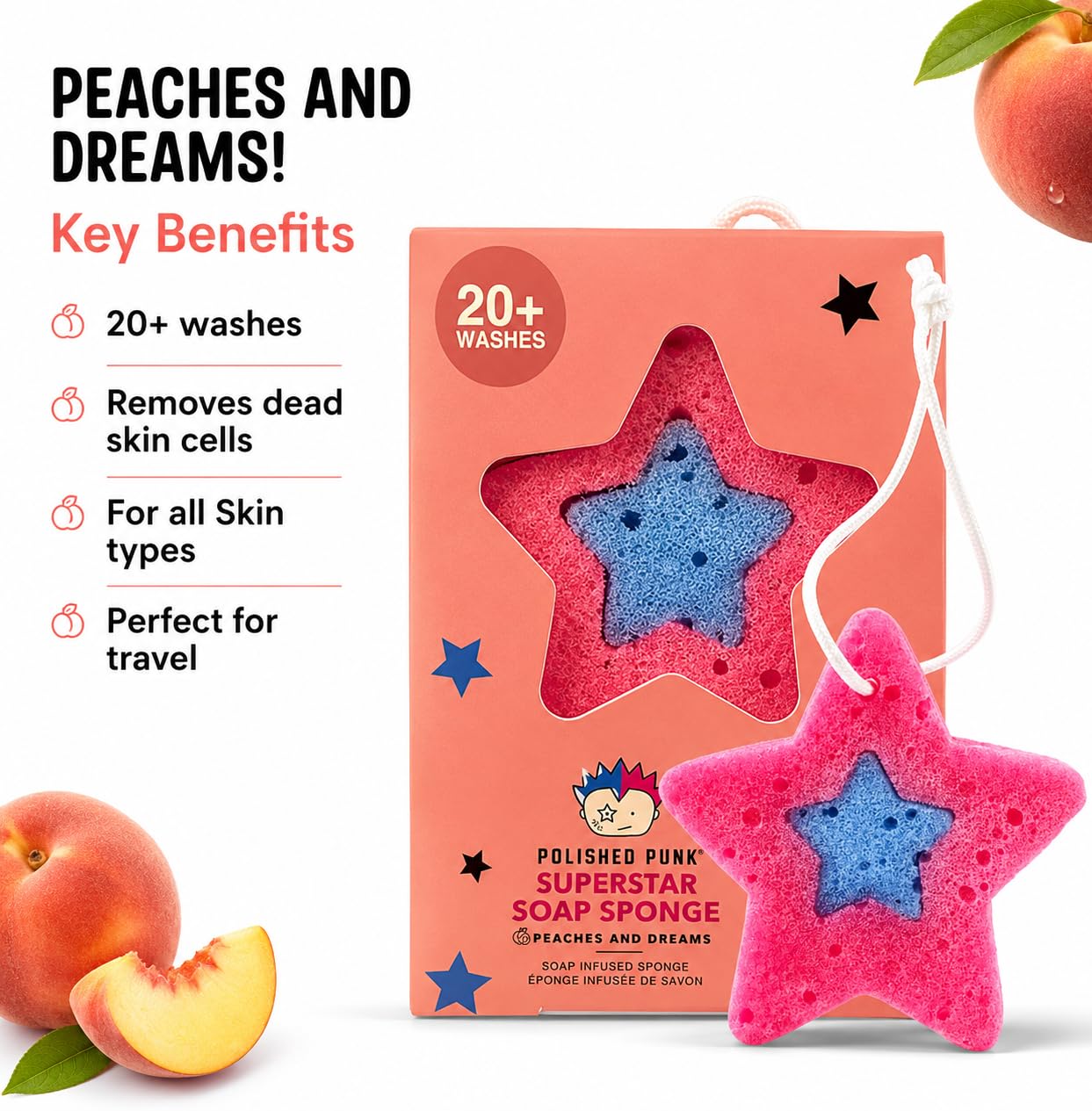 Polished Punk - All-Natural Soap-Infused Sponge for Kids and Tweens Body Wash, Gentle on Skin, 20+ Uses (Peaches and Dreams)