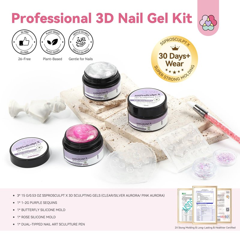 SAVILAND Solid Builder Nail Gel Kit: Aurora Silver Pink Clear 3D Sculpting Gel with Rose Flower Silicone Molds and Dual-Tip Carving Pen for 3D Nail Art Sculpture & Extensions, Home DIY Salon Manicure