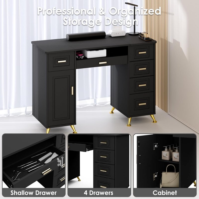 Manicure Table with Removable Panel, Nail Tech Desk with Dust Collector, Drawers & Storage, Nail Station for Salon or Home Studio (Black)