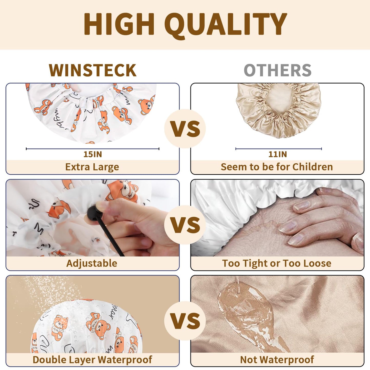3 PCS Shower Caps for Women, Upgrade Comfortable & Extra Large & Double Layers Waterproof Bath Cap, Oversized Designed Adjustable Hem Hair Cap for All Hair Lengths/Style