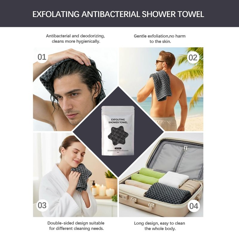 2PC Exfoliating Shower Towel 47" 2-in-1 Exfoliating Towel, Deep Exfoliating, Premium Scrub Wash Cloth for Body & Face, Sides Shower Washcloth for All Skin Types Woman and Men (2 Pieces in Black)