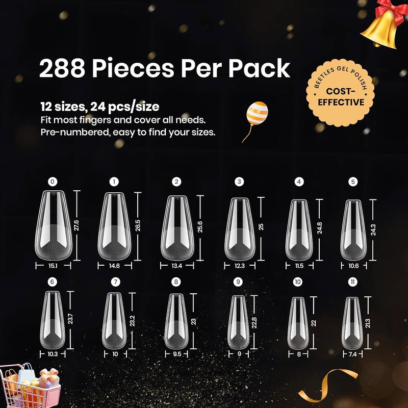 Coffin Gel Nail Tips - Medium Half Matte Press-On Nails | 288 Pcs DIY Acrylic Extensions Kit for Women