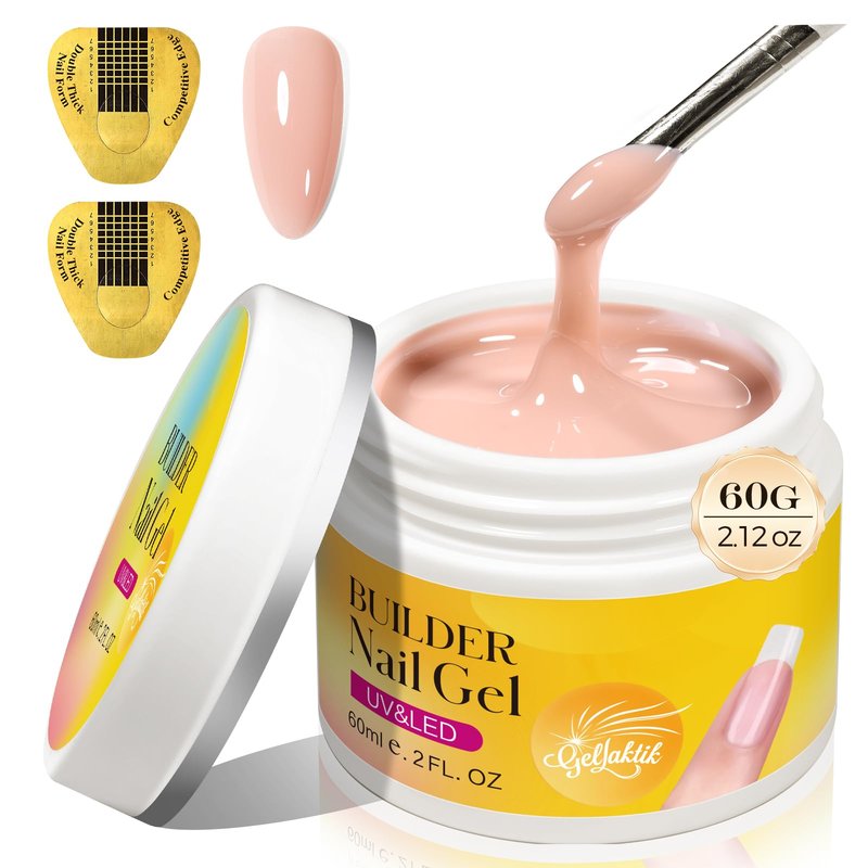 GELLAKTIK Builder Gel for Nails, 60g Nude Hard Gel for Nail Extension with 10 Nail Forms, Strengthener & Thickening, UV LED Lamp Cured Sculpture, Repair Broken Nails, Salon DIY Manicure Kit