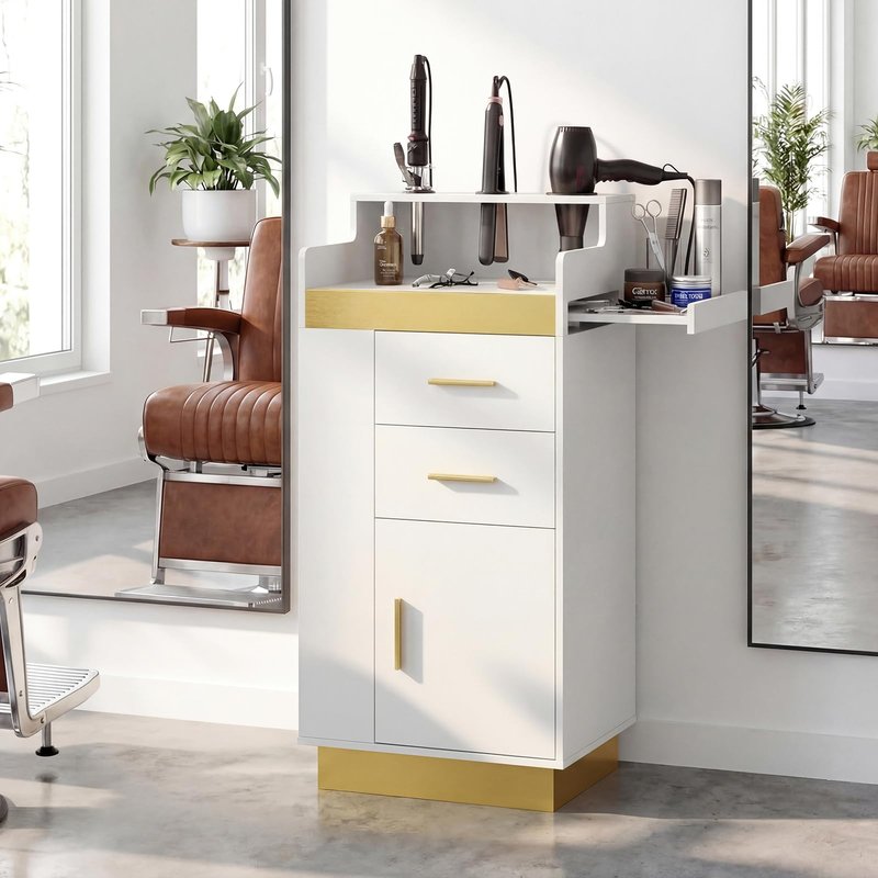 Oakvera Salon Station for Hair Stylist, Barber Station Salon Storage Systems with 3 Hot Tools Holders, a Tray, a Large Storage Cabinet & 2 Drawers for Barbershop, Beauty & Nail Salon, White