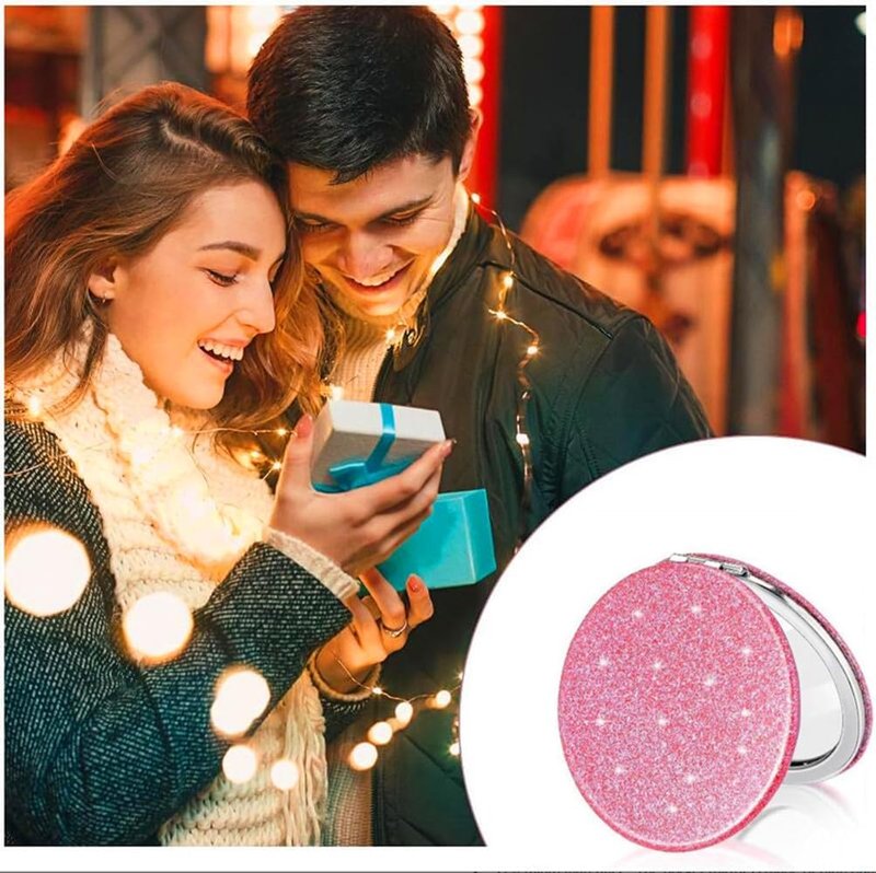 Compact Pink Makeup Mirror - Portable 2x Magnification with Glitter | Travel Essential for Women