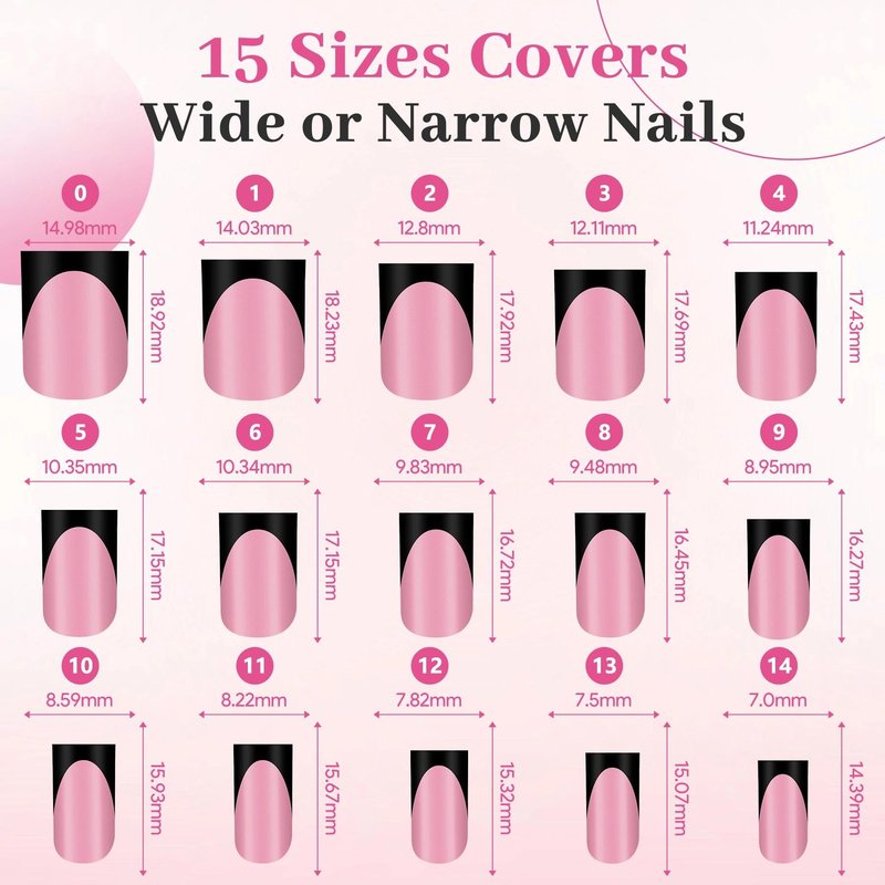 60Pcs Black French Tip Press on Nails & Press on Toenails Set, Square Fake Nails Kit with Nail Glue, 15 Sizes Acrylic Full Cover Toe Nail Press Ons Stick on Nails for Women DIY Home Manicure