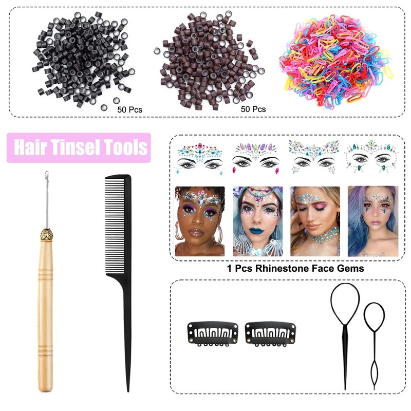 MISSUHUI Hair Tinsel Kit With Tool Hair Tinsel Heat Resistant Fairy Glitter Hair Extensions Sparkling Tensile Hair Extensions for Women Girls Kids