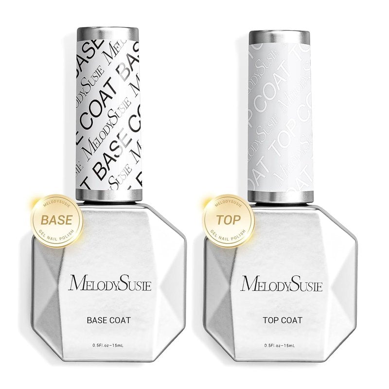 MelodySusie 2Pcs 15ml No Wipe Glossy Top Coat & Base Coat Set Long Lasting Shine Finish Soak Off UV LED Nail Lamp Nail Art Design Manicure Kit Perfect Gifts for Women Girls