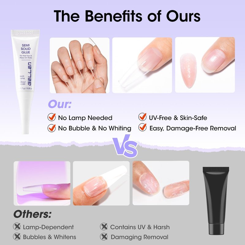 Gellen Semi Solid Nail Glue & Glue Remover for Press ons, Quick Dry Lamp-Free Nail Gel Glue for Nail Tips, Non-Acetone Nail Glue Remover Pen with Precision Nozzle, Safe & Gentle Formula