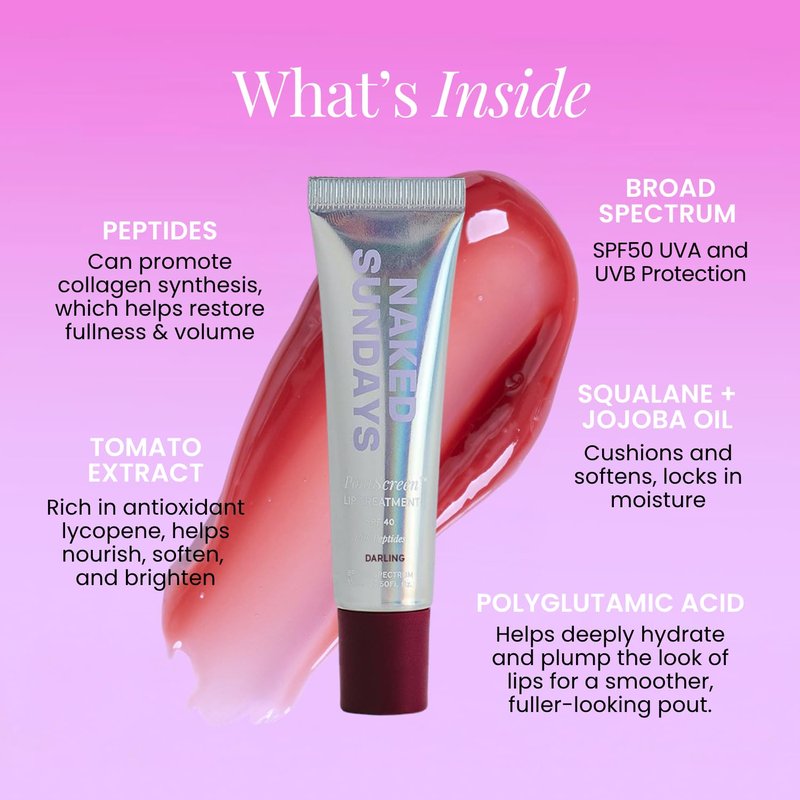 Naked Sundays SPF 50 Tinted Lip Treatment with Sun Protection — Hydrating Lip Balm with Peptides, Polyglutamic Acid & High-Gloss Finish, Broad Spectrum UVA/UVB, Vegan, Non-Sticky - 15ml (Darling)