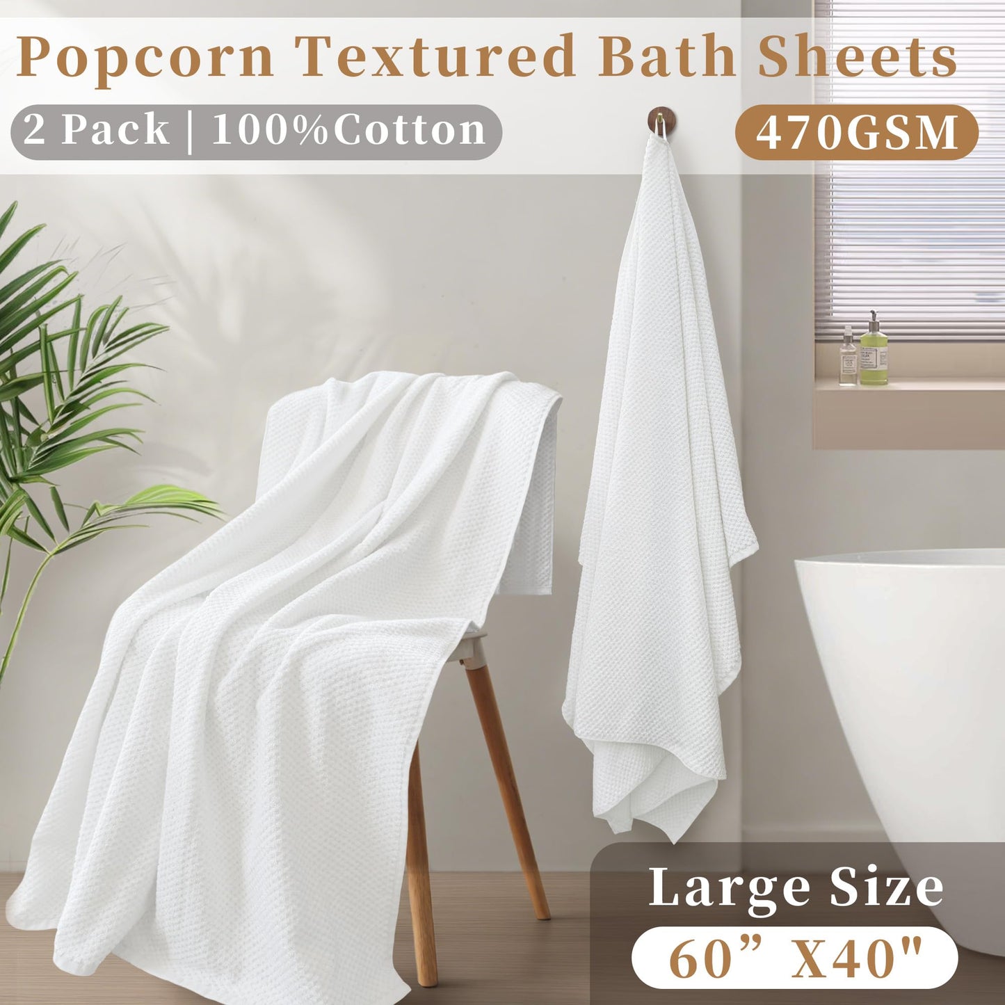 VOOVA & MOVAS Bath Sheets Extra Large, 2PC 40" x 60" - 100% Cotton | Quick Dry | Oversized | Thick | Absorbent, Bath Towels Set for Bathroom,Popcorn Texture Bath Sheet, Off-White