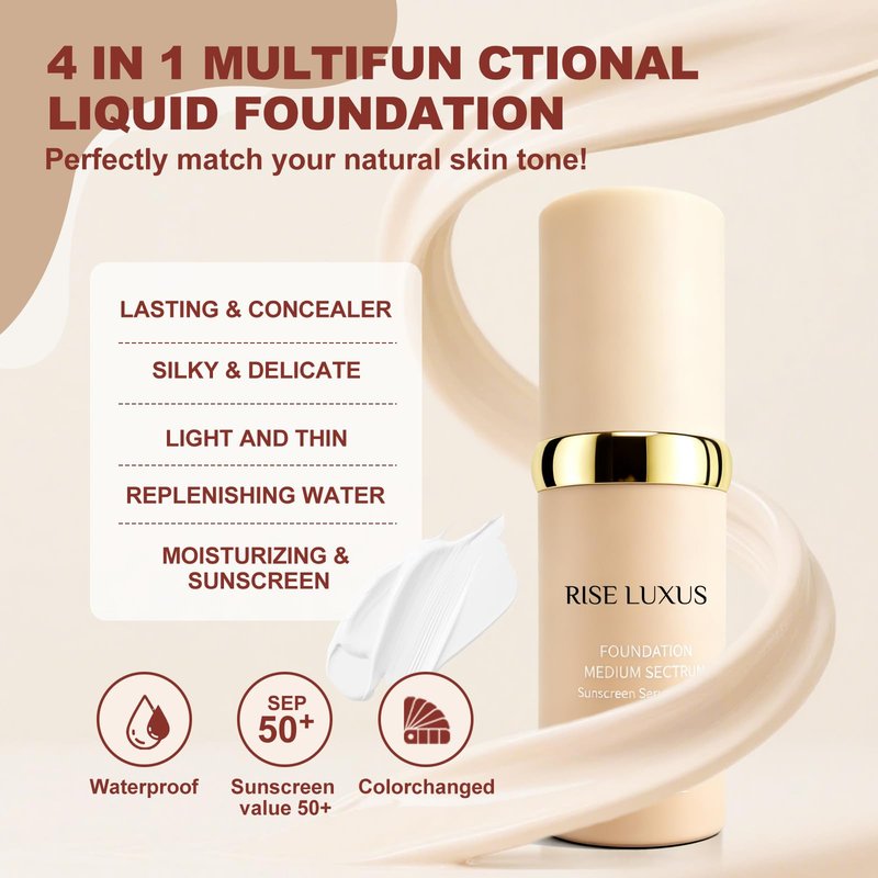 Rise Luxus Ultrablend 4 In 1 Foundation, 2025 New Upgrade Match Skin Color Changed Foundation Liquid With Spf 50,Glowing Hydrating, Waterproof for Makeup
