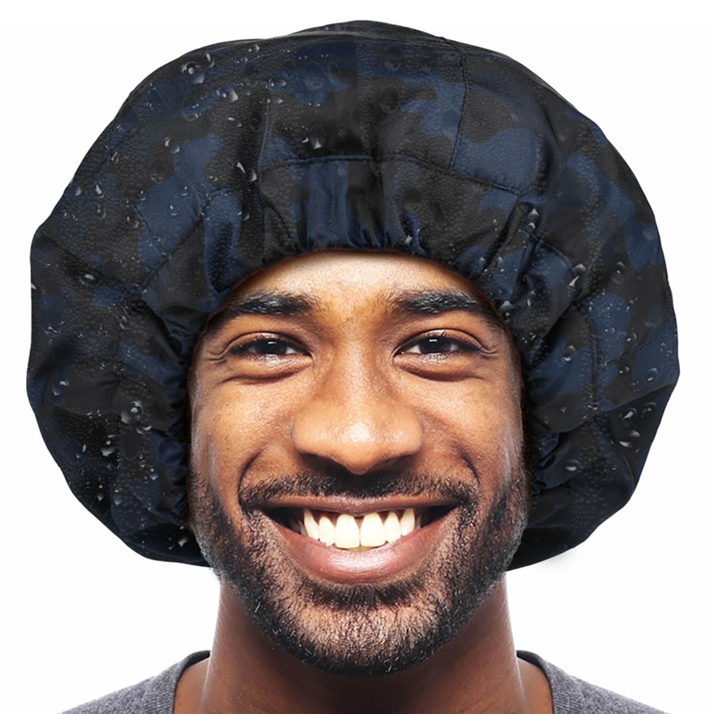 Shower Cap for Men Blue Camouflage Bath Cap, Reversible Large Waterproof Adjustable Shower Caps Terry Lining & Elastic Band Stretch Hem Hair Hat